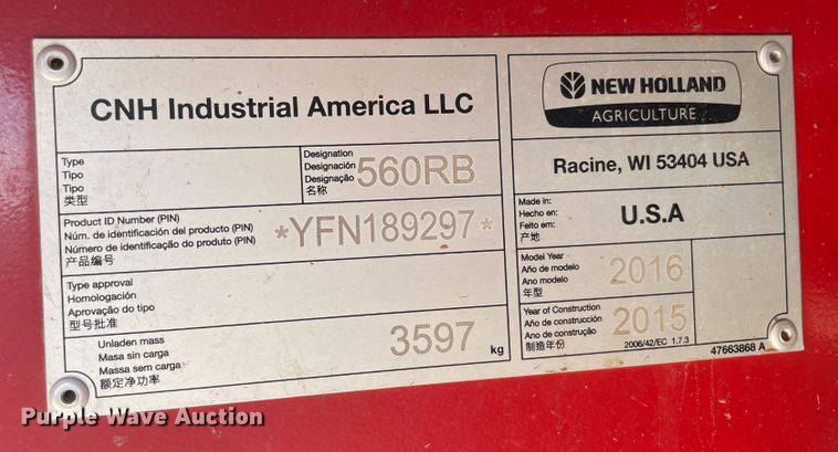 image for item MR9332 2016 New Holland 560RB  round baler