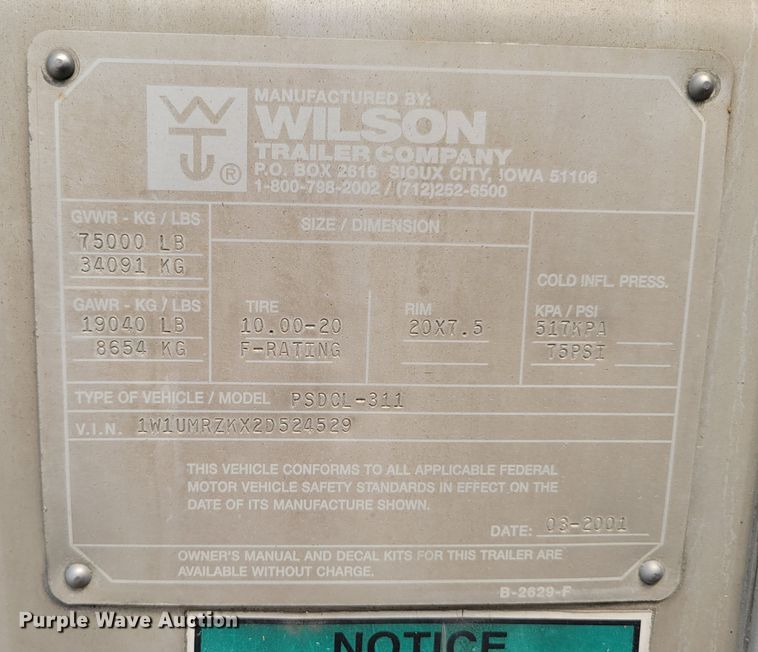 image for item DM8040 2002 Wilson PSDCL-311  livestock trailer