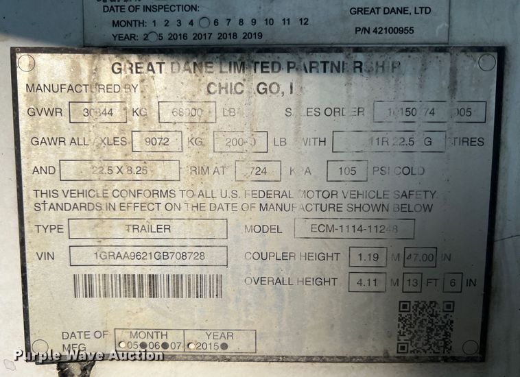 image for item IA9113 2016 Great Dane  refrigerated van trailer