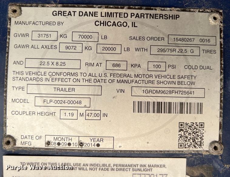 image for item IA9131 2015 Great Dane FLP-0024-00048  flatbed trailer