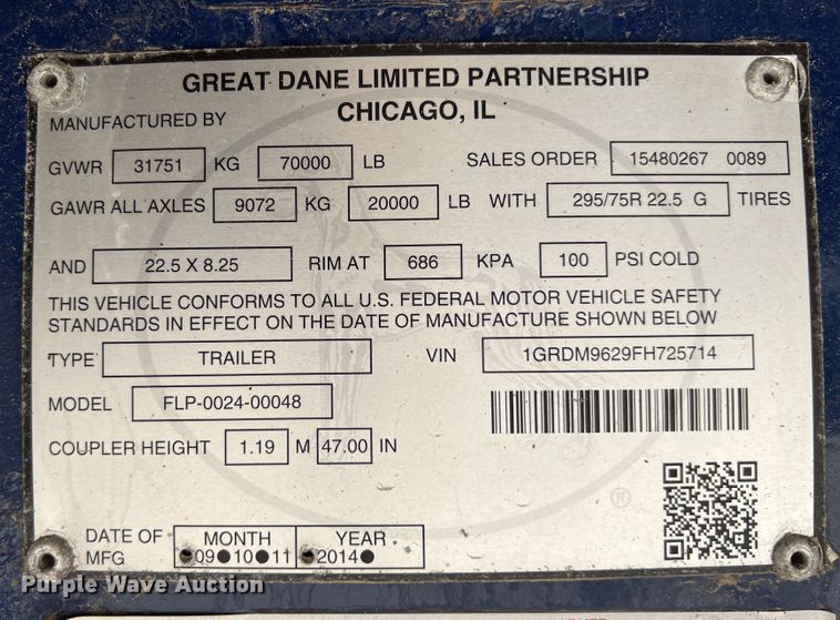 image for item IA9132 2015 Great Dane FLP-0024-00048  flatbed trailer