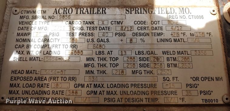 image for item JR9444 2012 Acro 8400  tank trailer