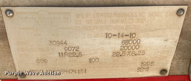 image for item MR9320 2011 Stephens pneumatic dry bulk trailer