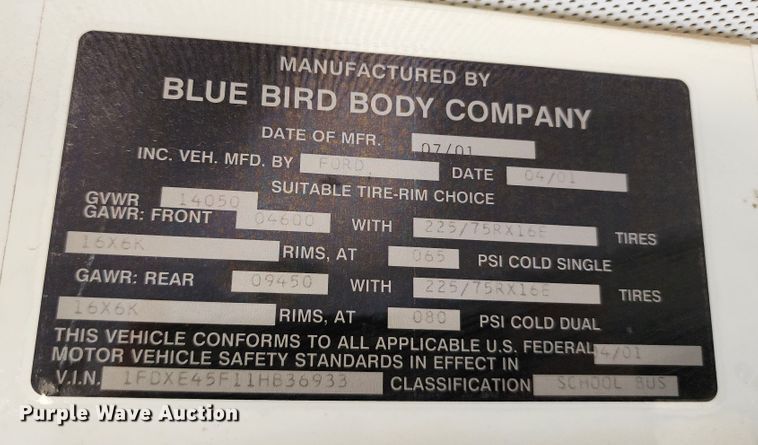 image for item DL6709 2001 Ford E450 Super Duty  school bus