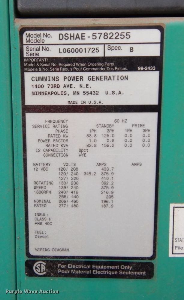 image for item DS1407 2007 Cummins DSHAE-5782255  generator