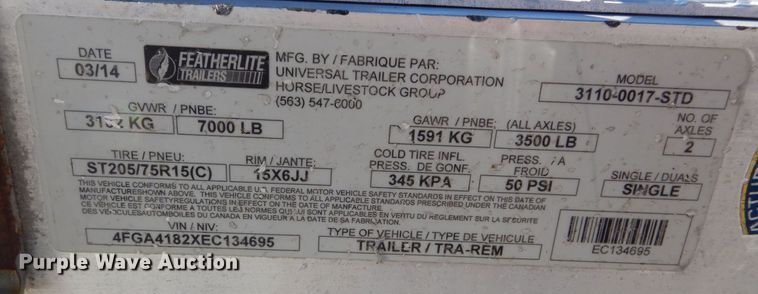 image for item DS6252 2014 Featherlite 3110-0017-STD  Car trailer