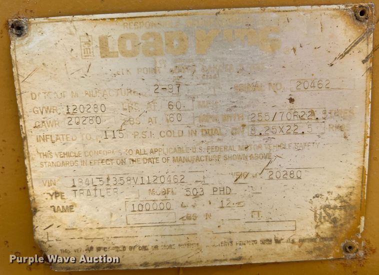 image for item IA9163 1997 Load King  lowboy equipment trailer