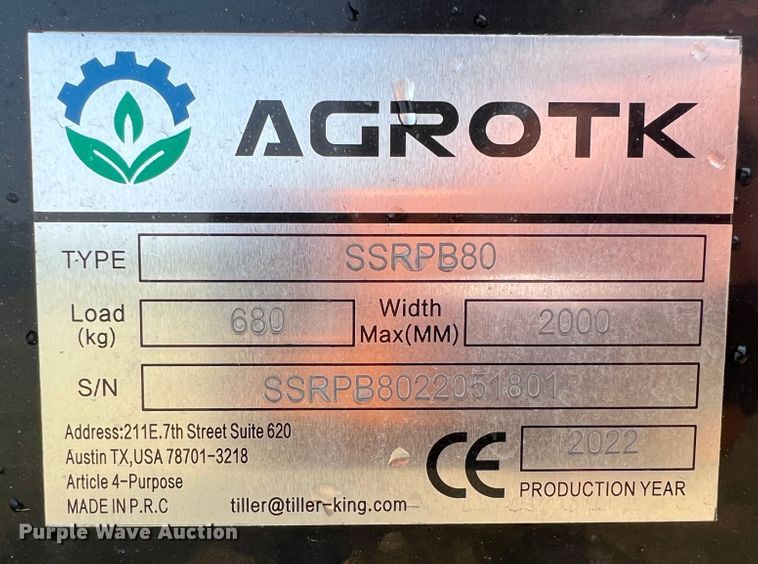 image for item IA9175 2022 Agrotk SSRPB80  skid steer rock picker