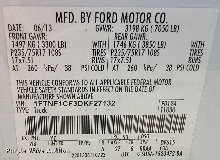 image for item JL9362 2013 Ford F150  pickup truck