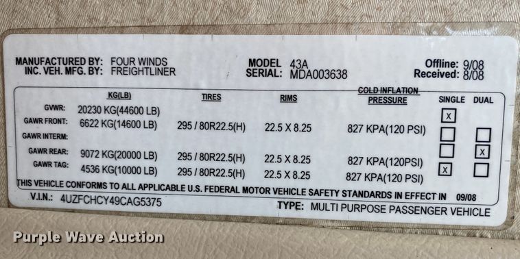 image for item JW9497 2009 Freightliner XC-R Mandalay  RV