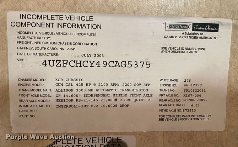 image for item JW9497 2009 Freightliner XC-R Mandalay  RV