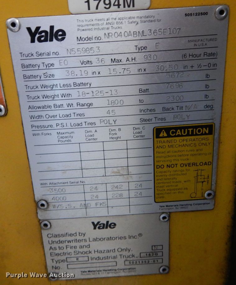 image for item JX9109 Yale NR040ABNL36SF107  forklift