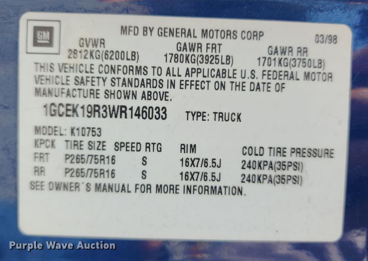 image for item KH9307 1998 Chevrolet K1500  Ext. Cab pickup truck