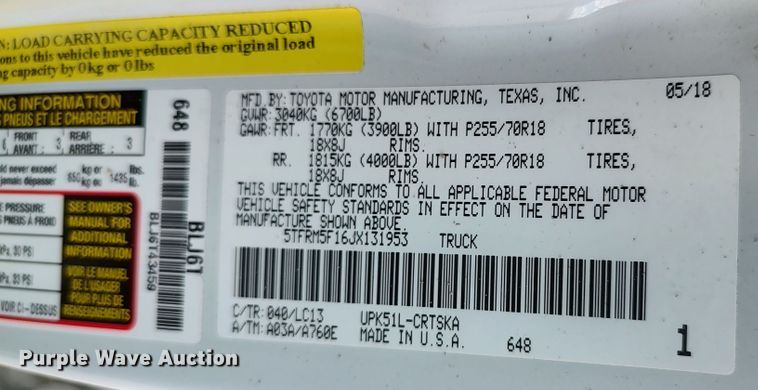 image for item LK9271 2018 Toyota Tundra  Double Cab pickup truck