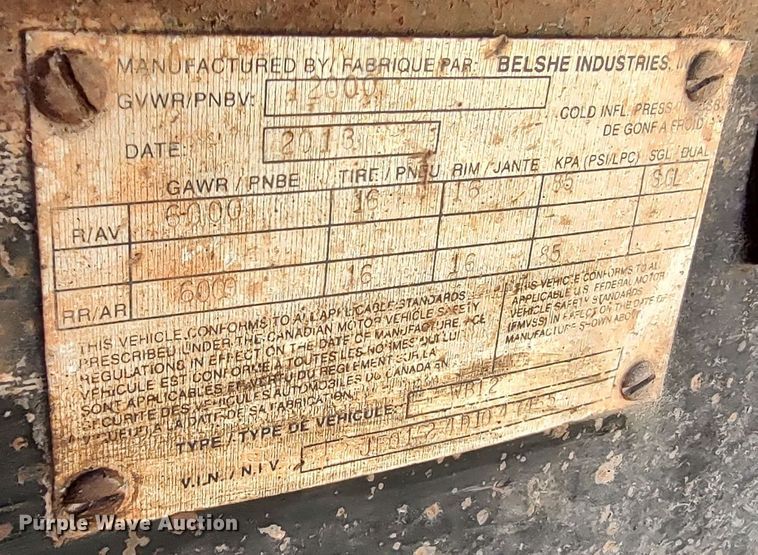 image for item LK9807 2013 Belshe WB12  utility trailer