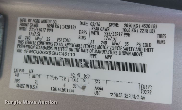 image for item MJ9162 2016 Ford Escape SE  SUV