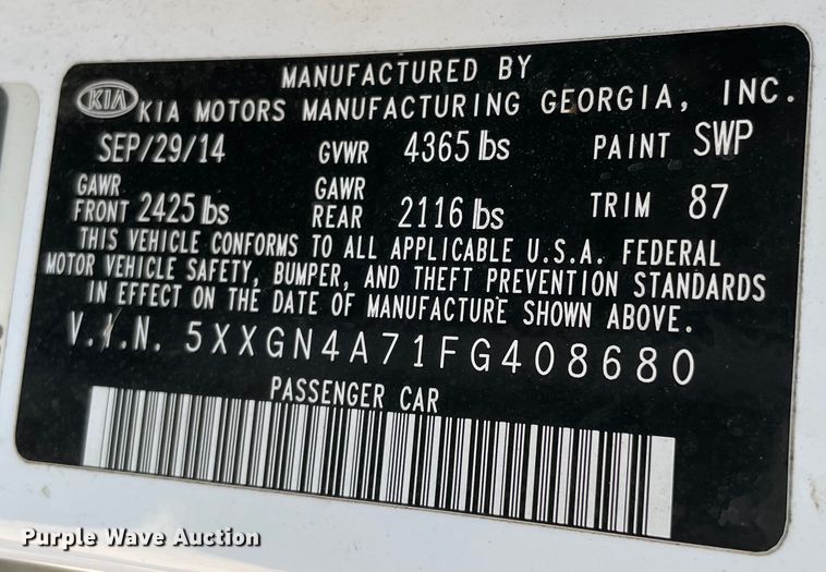 image for item MR9376 2015 Kia Optima