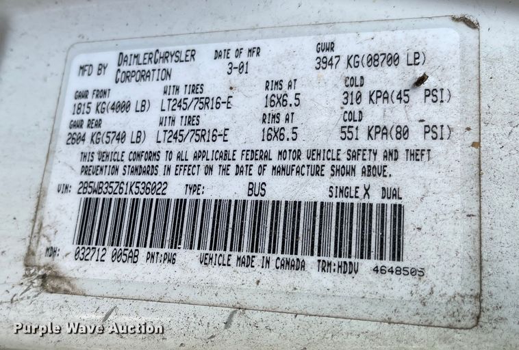 image for item MU9218 2001 Dodge Ram 3500  van