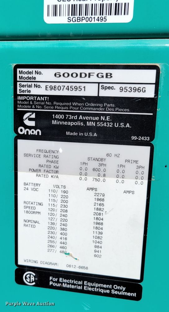 image for item DM8057 Onan 600DFGB  generator