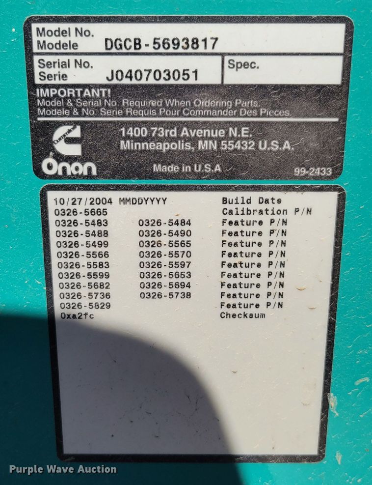 image for item DM8059 2004 Onan DGCB-5693817  generator