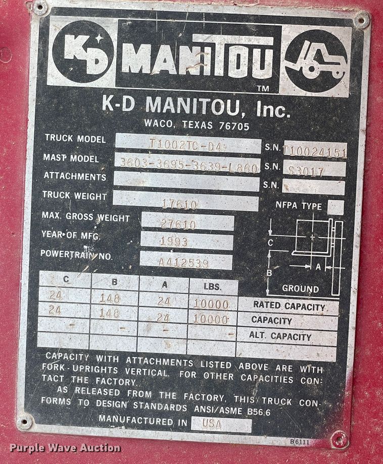 image for item DN5196 1993 Manitou T1002TC-D4  forklift