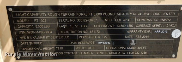 image for item HF9372 2014 Kalmar RT-022  telehandler