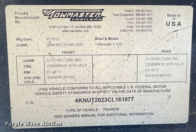 image for item MU9224 2012 Towmaster T-12D  grout trailer