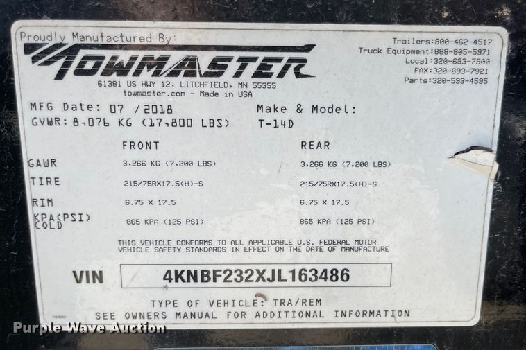 image for item MU9230 2018 Towmaster T-14D  equipment trailer