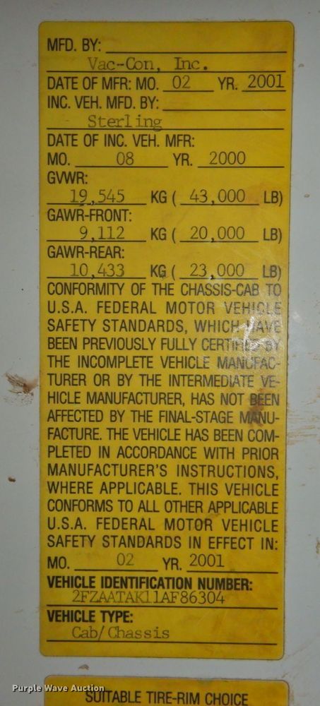 image for item DP4807 2001 Sterling L7500  sewer jetter truck