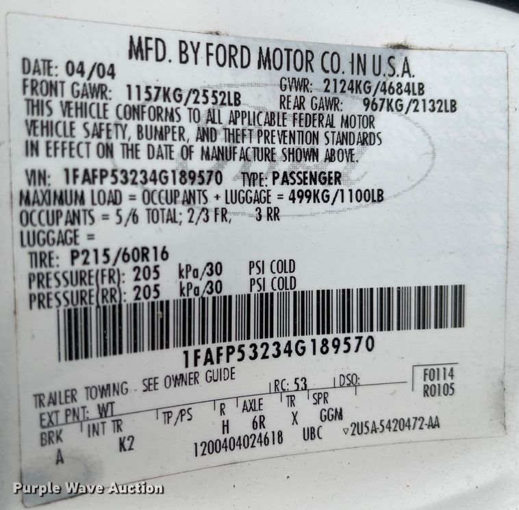 image for item JF9058 2004 Ford Taurus