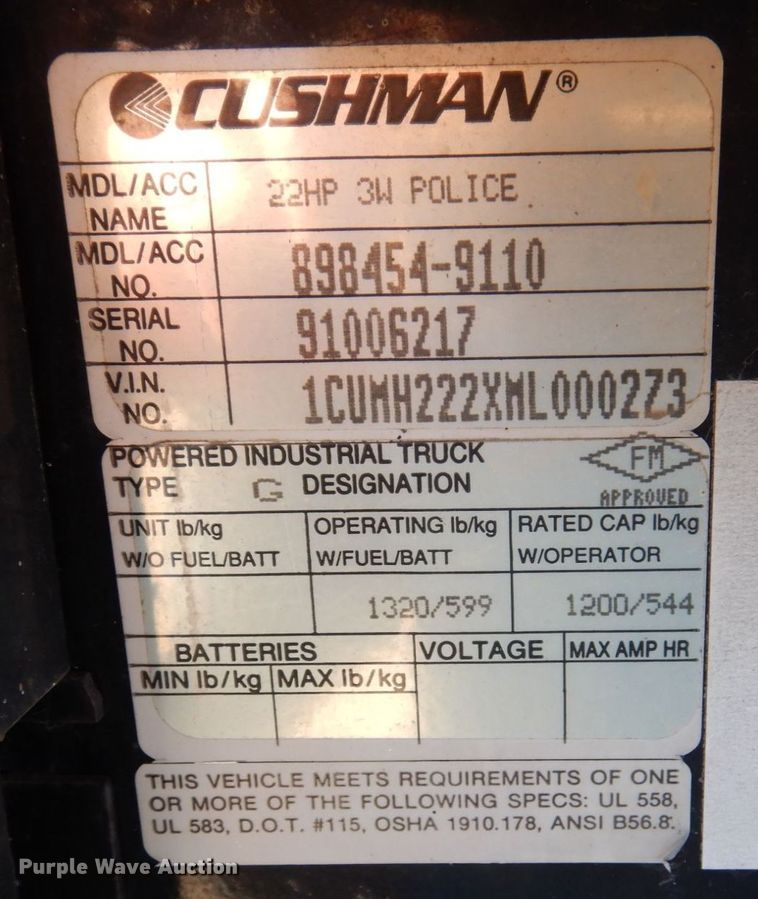 image for item KF9466 1991 Cushman Trusckster  utility vehicle