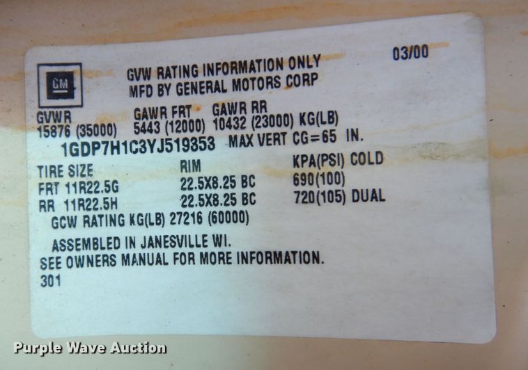 image for item KF9580 2000 GMC C8500  dump truck