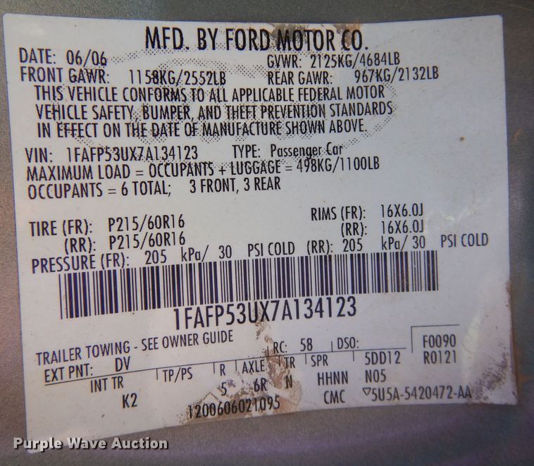 image for item KP9007 2007 Ford Taurus