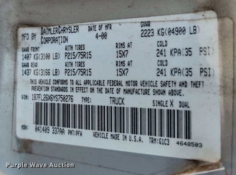 image for item LK9261 2000 Dodge Dakota  pickup truck