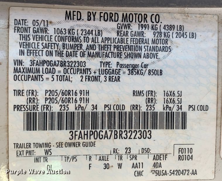 image for item MH9801 2011 Ford Fusion