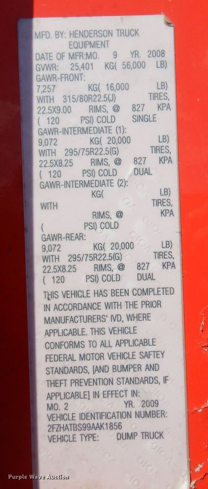 image for item JA9713 2009 Sterling LT7501  dump truck