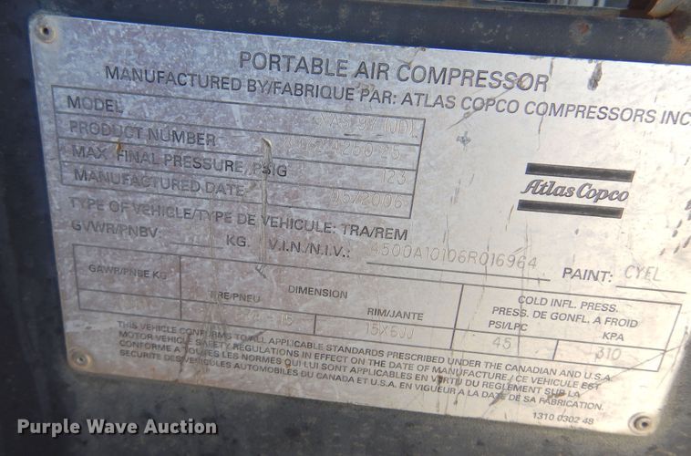image for item JA9721 2006 Atlas Copco XAS97JD  air compressor