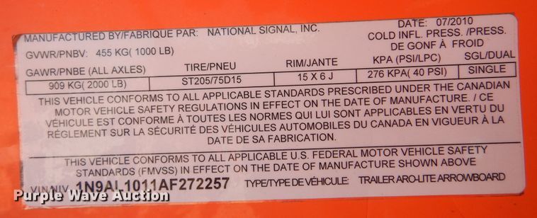 image for item JA9732 2010 National Signal  arrow board trailer