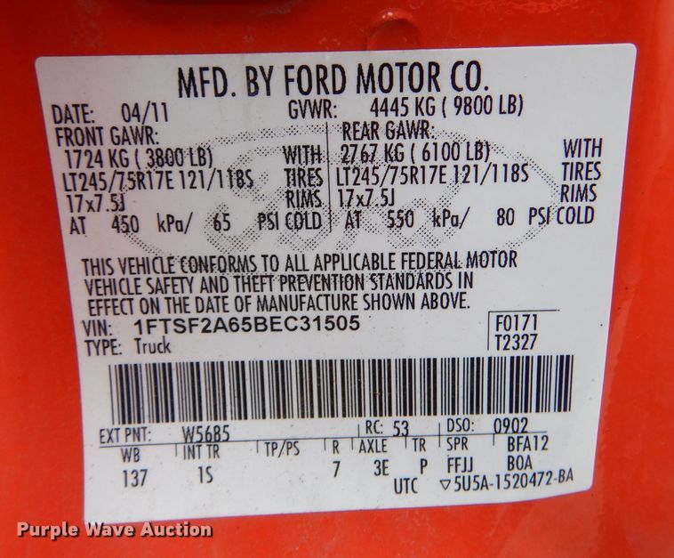 image for item LU9547 2011 Ford F250 Super Duty XL  utility bed pickup truck