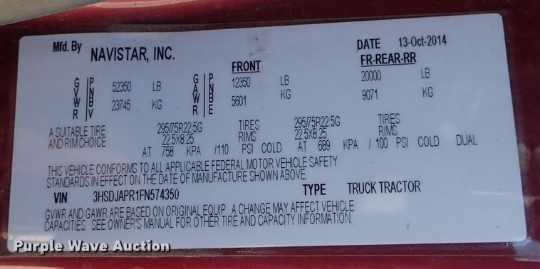 image for item DQ2947 2015 International ProStar  semi truck