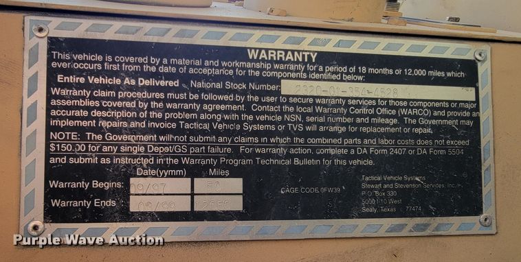 image for item JL9357 1994 Stewart & Stevenson M-1089  recovery truck