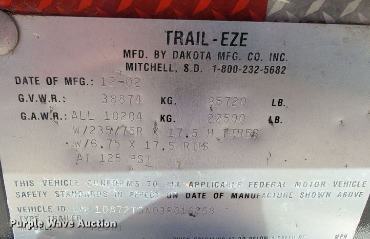 image for item JL9364 2003 Trail-Eze TE701  drop tilt deck equipment trailer