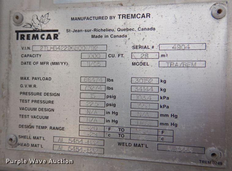 image for item JY9270 2006 Tremcar TRA/REM  pneumatic dry bulk trailer