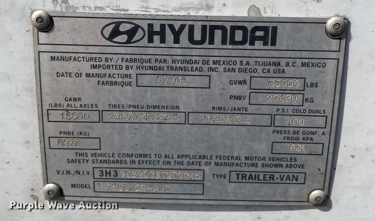 image for item KF9487 2006 Hyundai Translead V12530152-AJS  dry van trailer