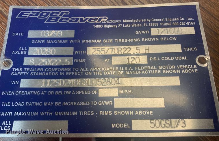 image for item LM9775 1999 Eager Beaver  lowboy equipment trailer