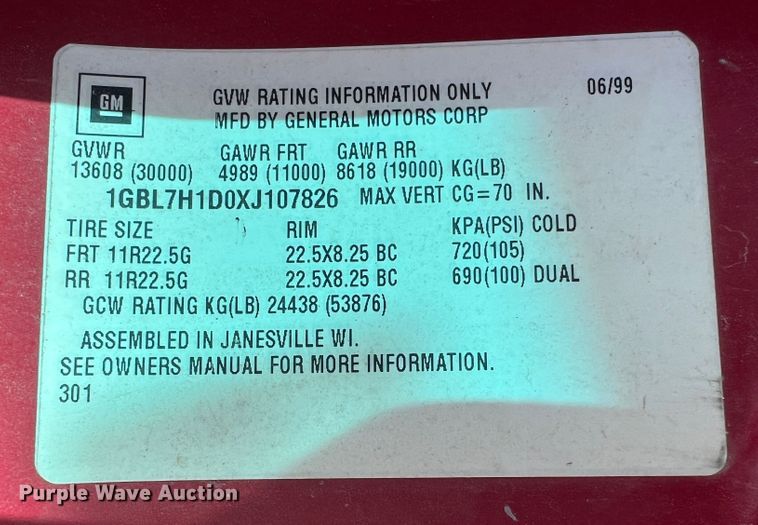 image for item MR9903 1999 Chevrolet C7500  dump flatbed truck