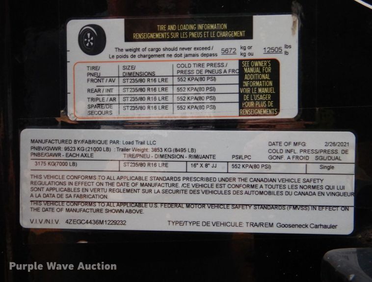 image for item DO1434 2021 Load Trail TRA  equipment trailer