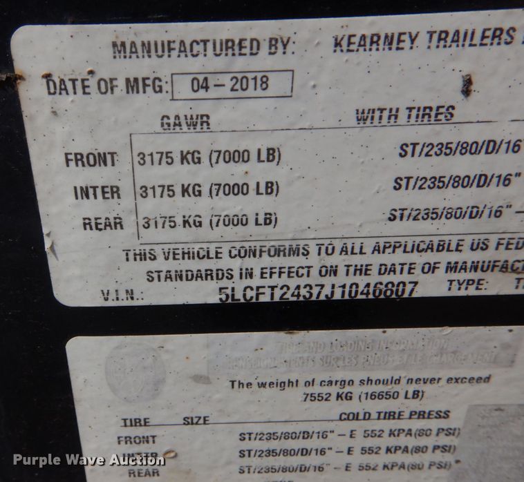 image for item DO1611 2018 Kearney GTRHDEQH 8324  equipment trailer