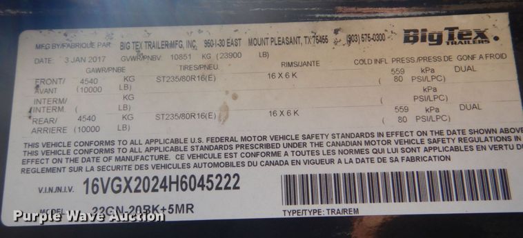 image for item DO1612 2017 Big Tex 22GN-20BK+5MR  equipment trailer