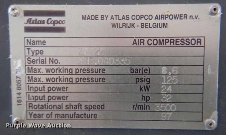 image for item DR2065 1997 Atlas Copco ZT22  air compressor